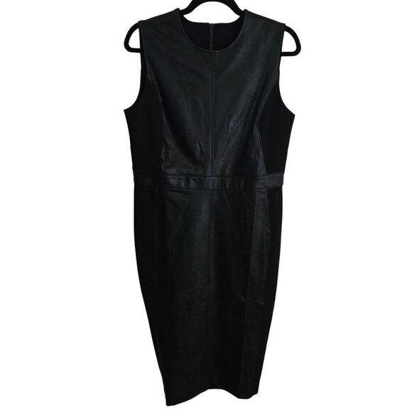 Spanx Leather-Like Combo Sheath Midi Dress Luxe Black Sleeveless Size L - Picture 2 of 13